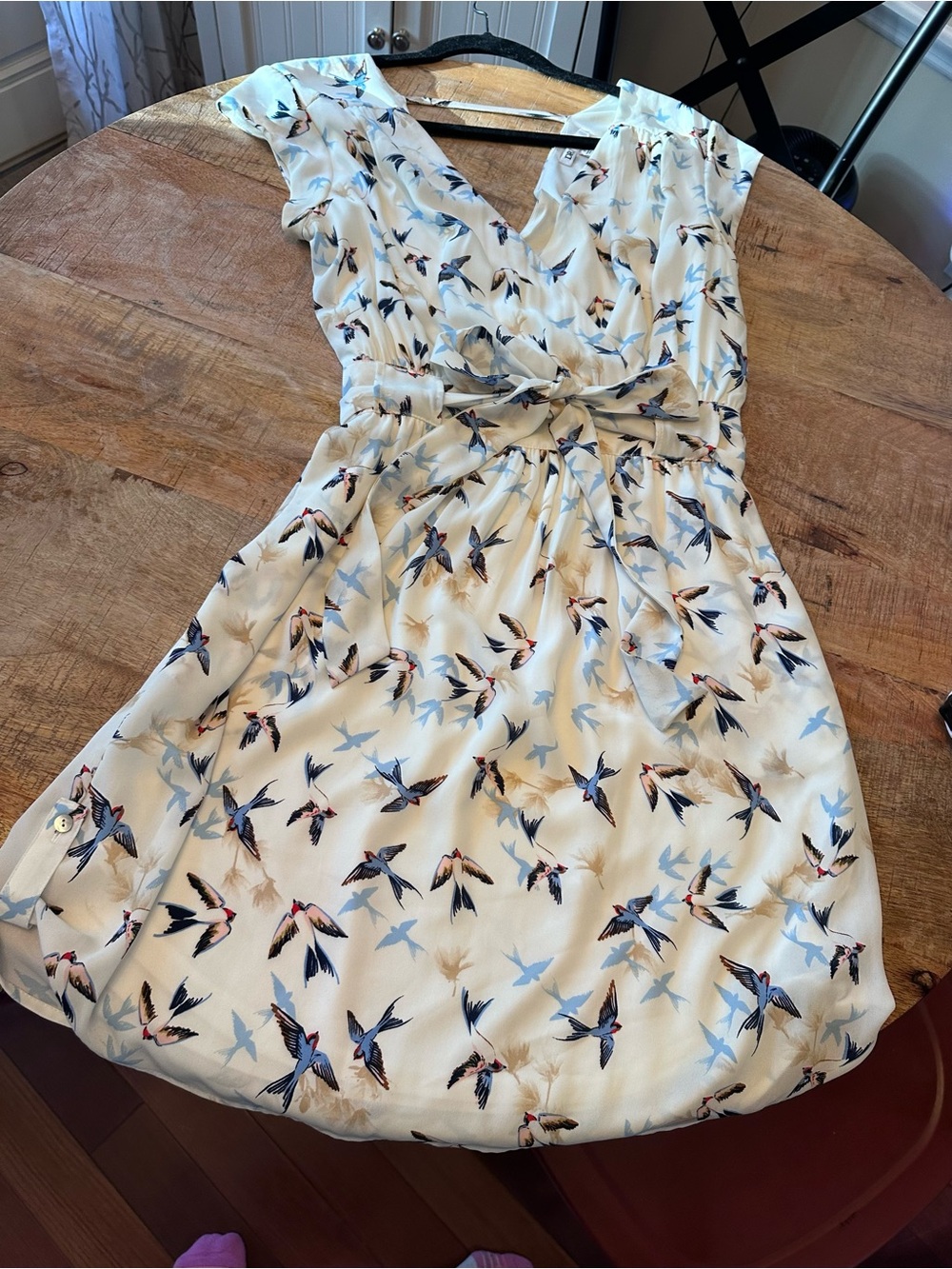 DR2 Cream Midi Dress with Blue and Brown Bird Print